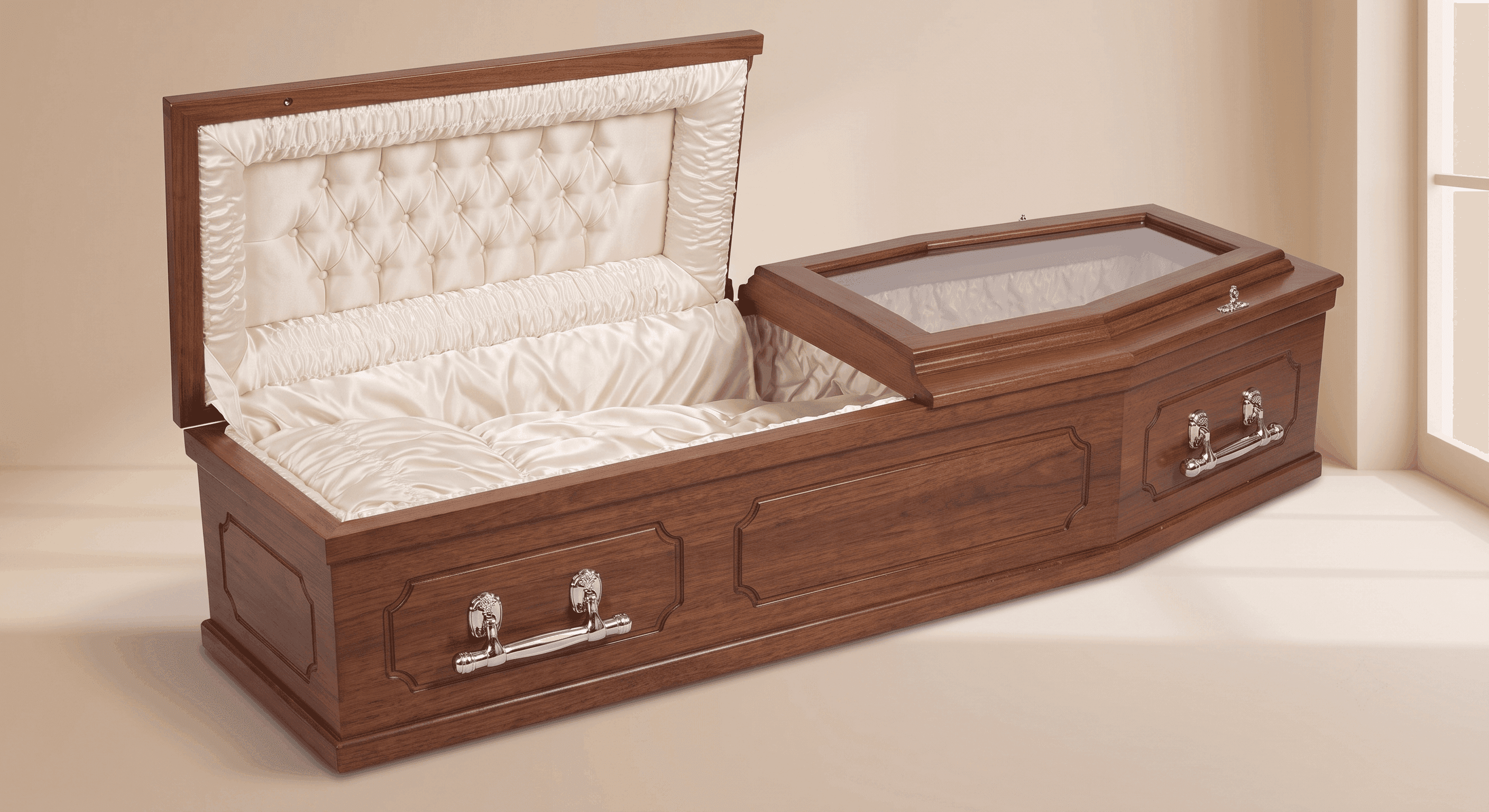 Open walnut casket with a tufted cream satin interior and chrome swing-bar handles, available in Wayanad
